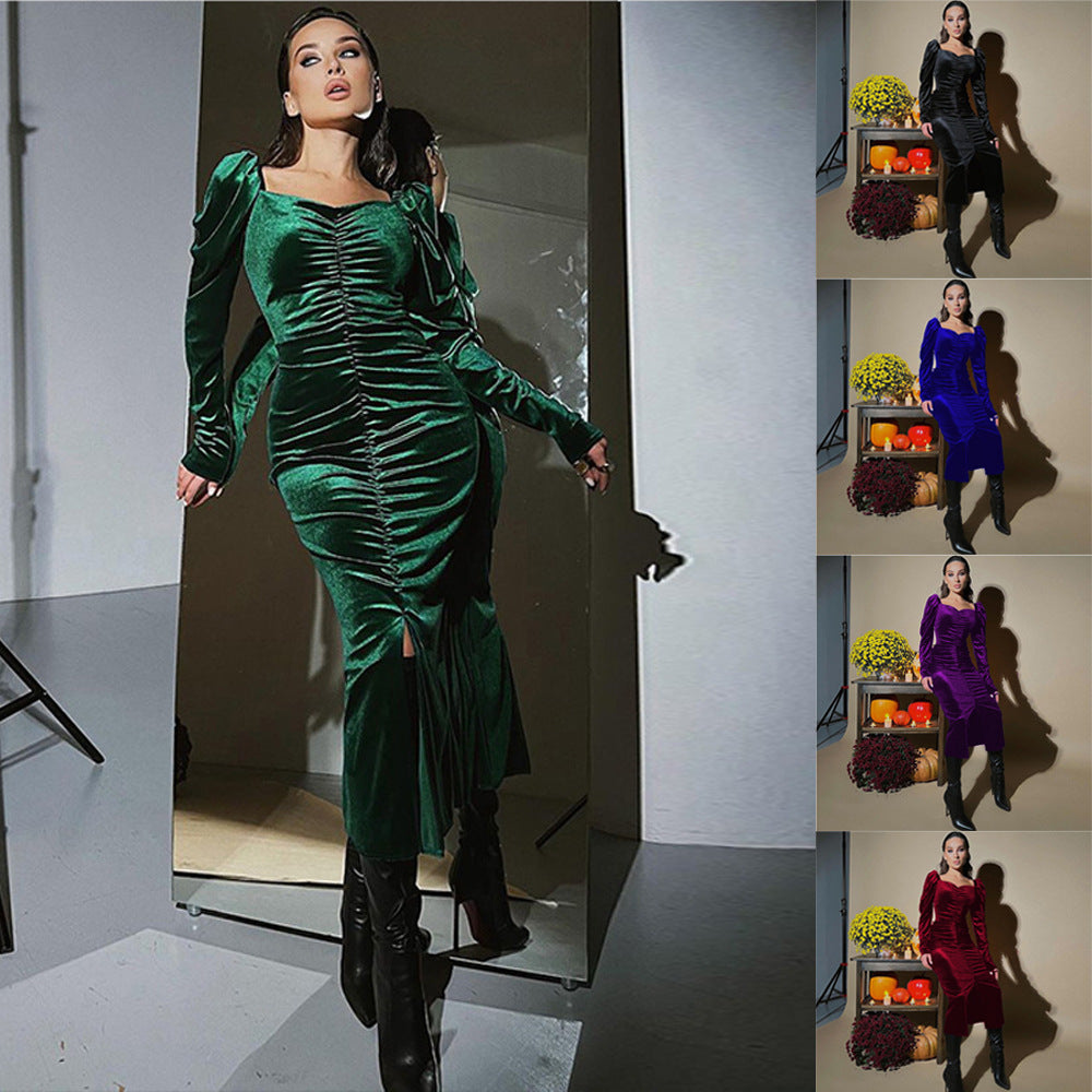 Women's Autumn Fashionable Elegant Pleated Slim Fit Slit Dress