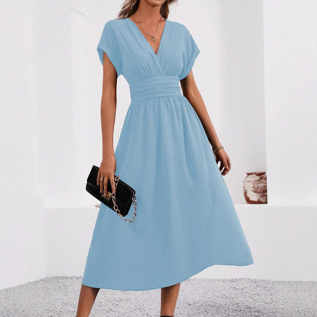 Women's Color Overlapping Batwing Sleeve Waist Pleated Long Dress