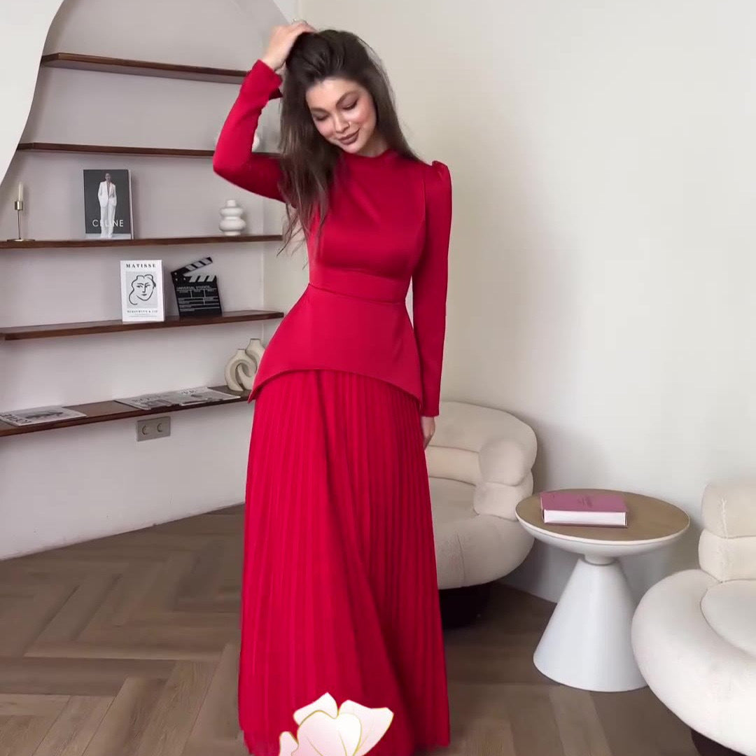 Women's Autumn Solid Color Fashion Stitching Design Round Dresses