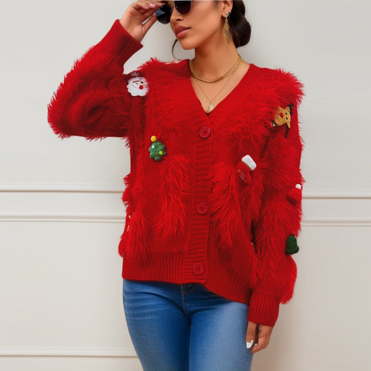 Women's Red Christmas Wool Three-dimensional Decoration Single-breasted Knitwear