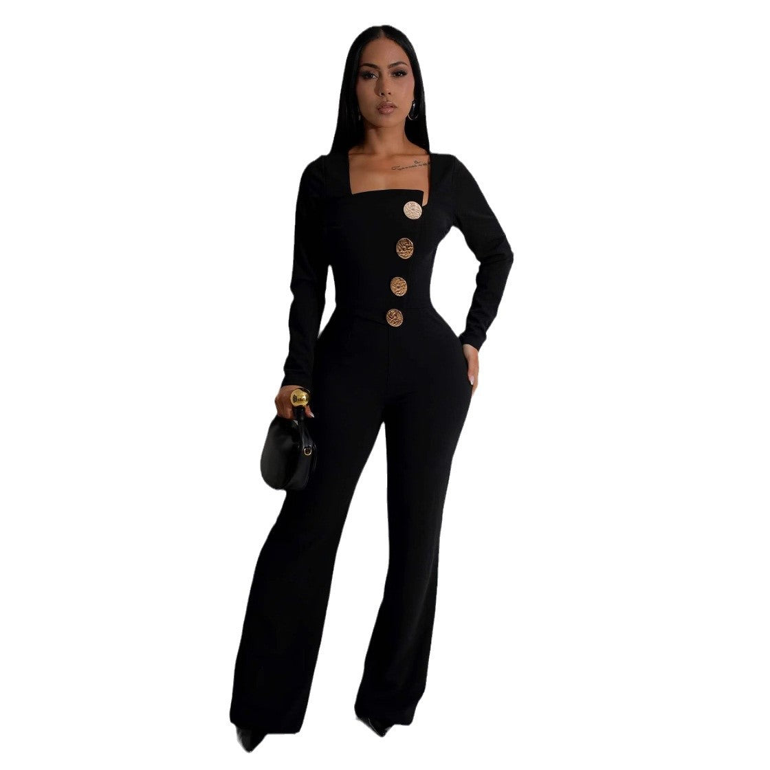 Women's Personalized Line Stitching Large Buttons Long-sleeved Pants