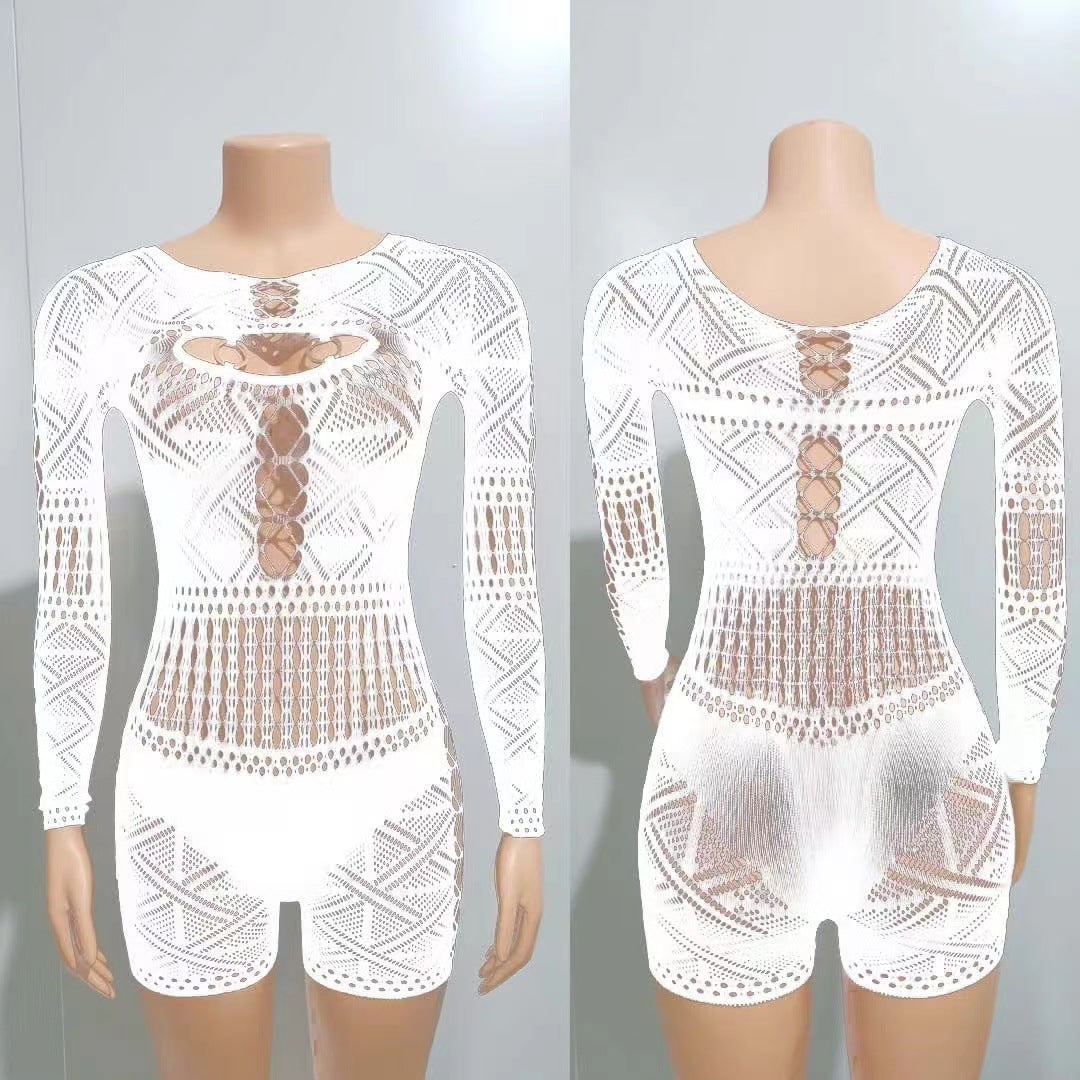 Women's Hollow Out Lace High Waist Tight Knitted Women's Jumpsuit/clothing