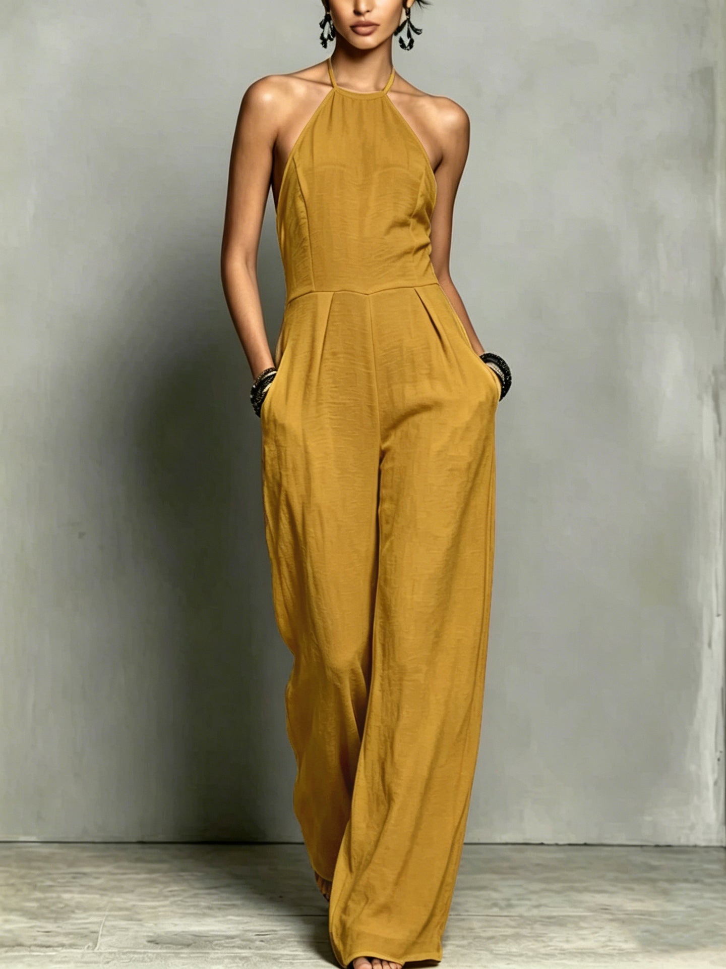 Women's Vacation Style Pleated Halter Backless Wide Women's Jumpsuit/clothing