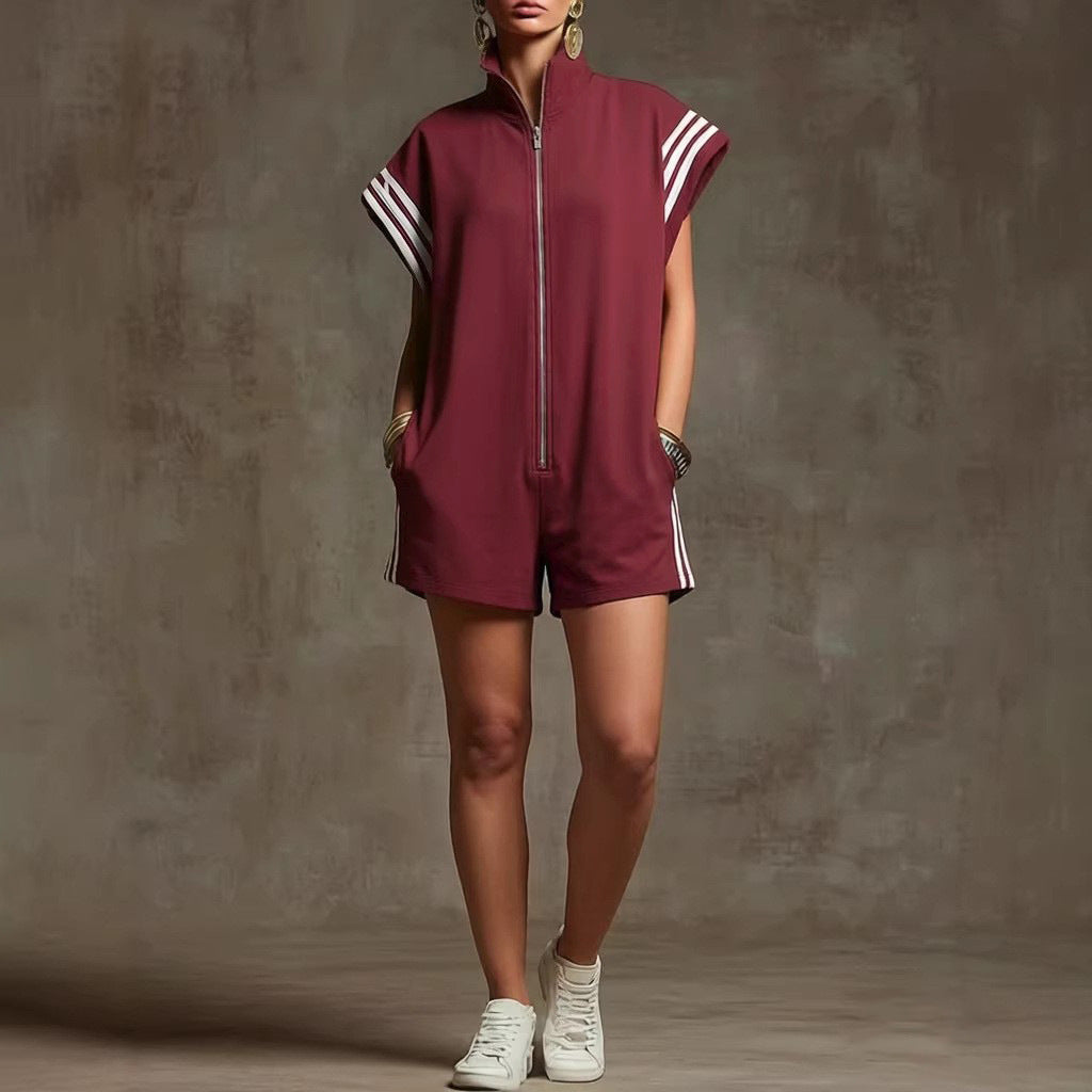 Women's Stand Collar Casual Zipper Striped Contrast Color Clothing