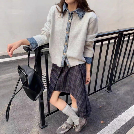 Women's Stitching Denim Collar Knitted Loose Casual Knitwear