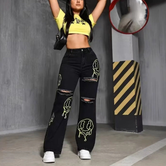 Women's & Men's Style Hip Hop Fashion Embroidered For Minority Straight Women's Jeans