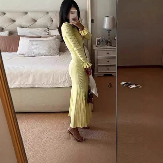 Women's French Elegant Lapel Single Breasted Long Dresses