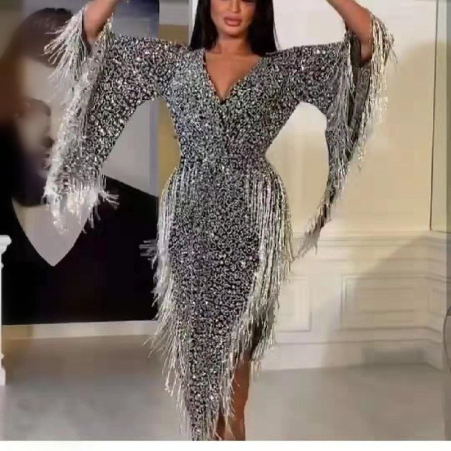 Women's Sequined Irregular Long Sleeve Tassel Deep Dresses