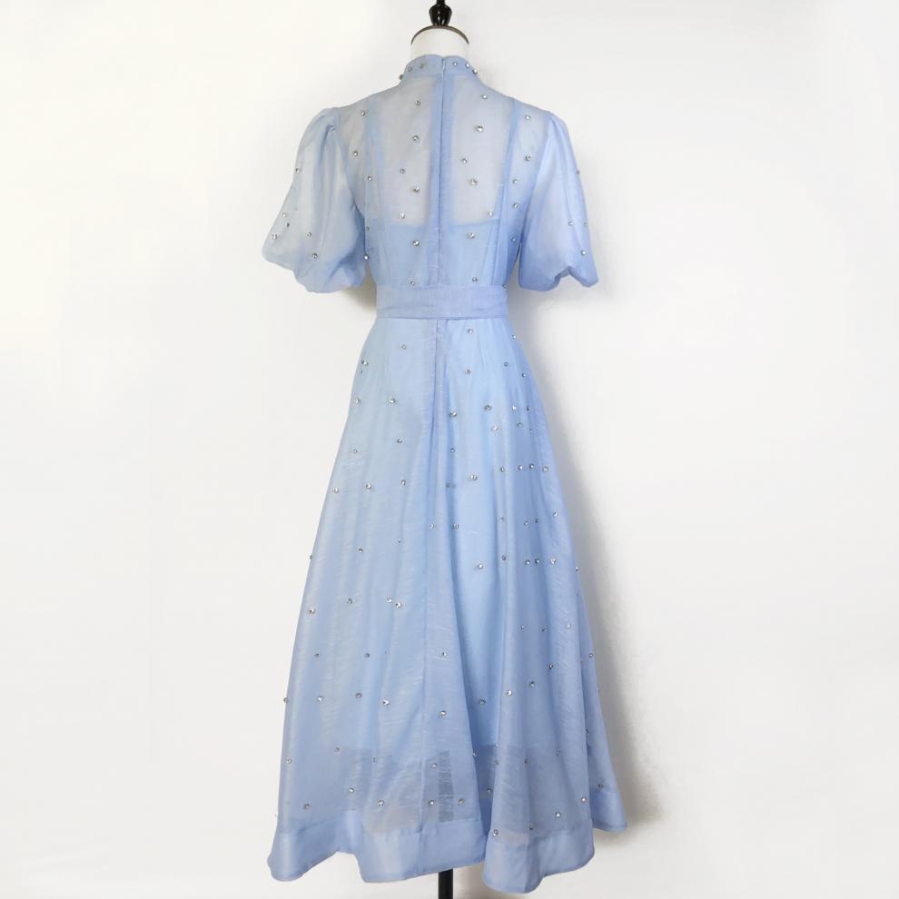 Women's Single-breasted Stand-up Collar Puff Sleeve Dress Dresses
