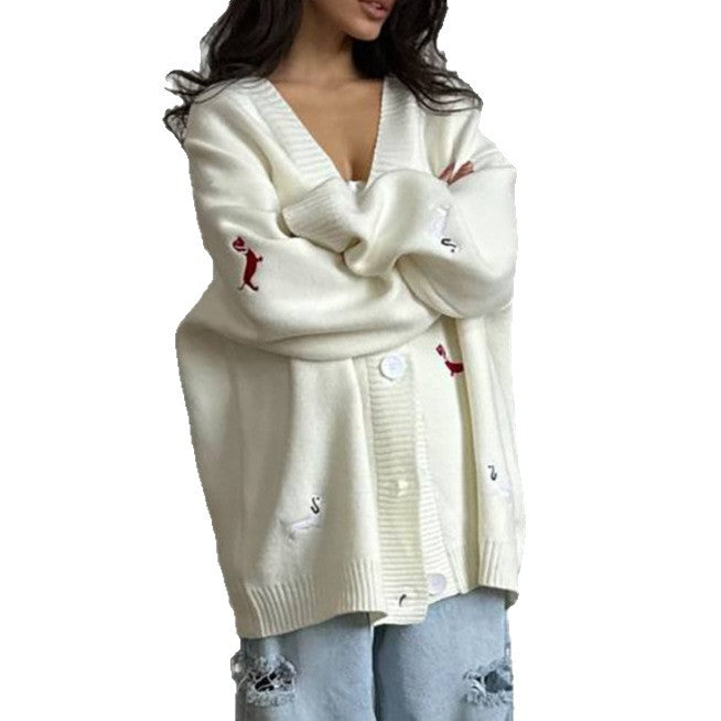 Style Idle Sausage Dog Embroidered Loose Sweaters