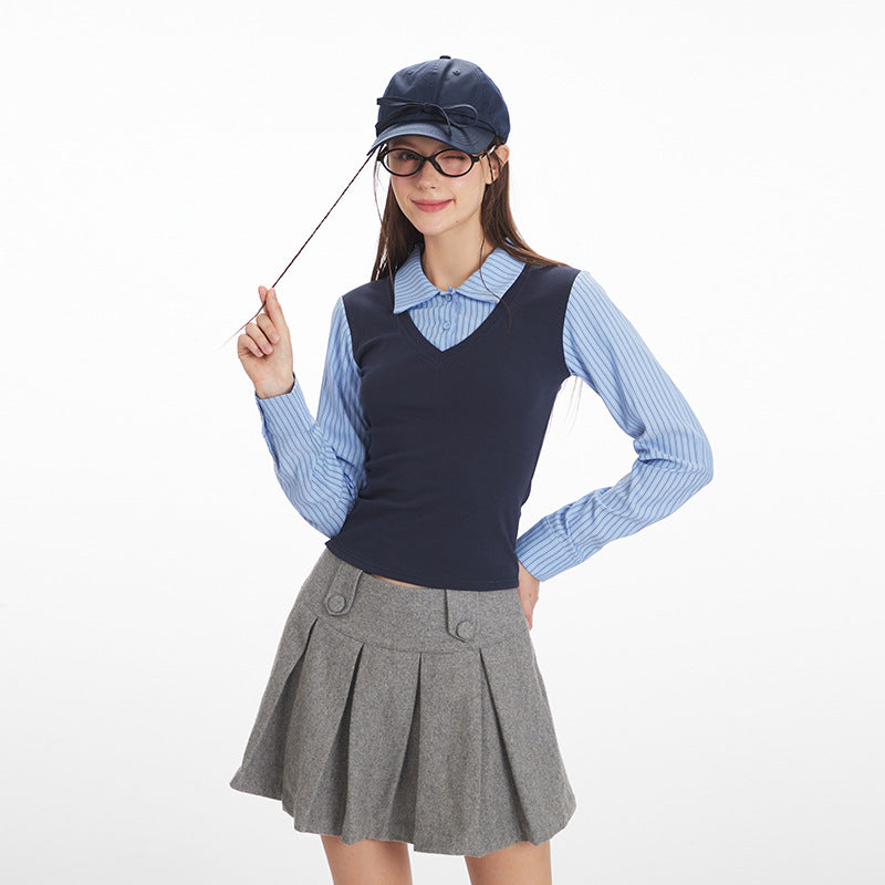 Women's Fake Two-piece Long-sleeved T-shirt American Autumn Slim Blouses