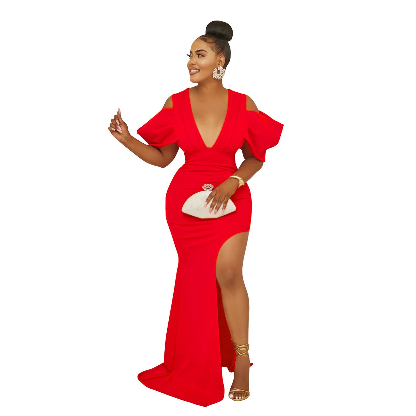Women's Wear Solid Color Pleated Slit Maxi Dresses