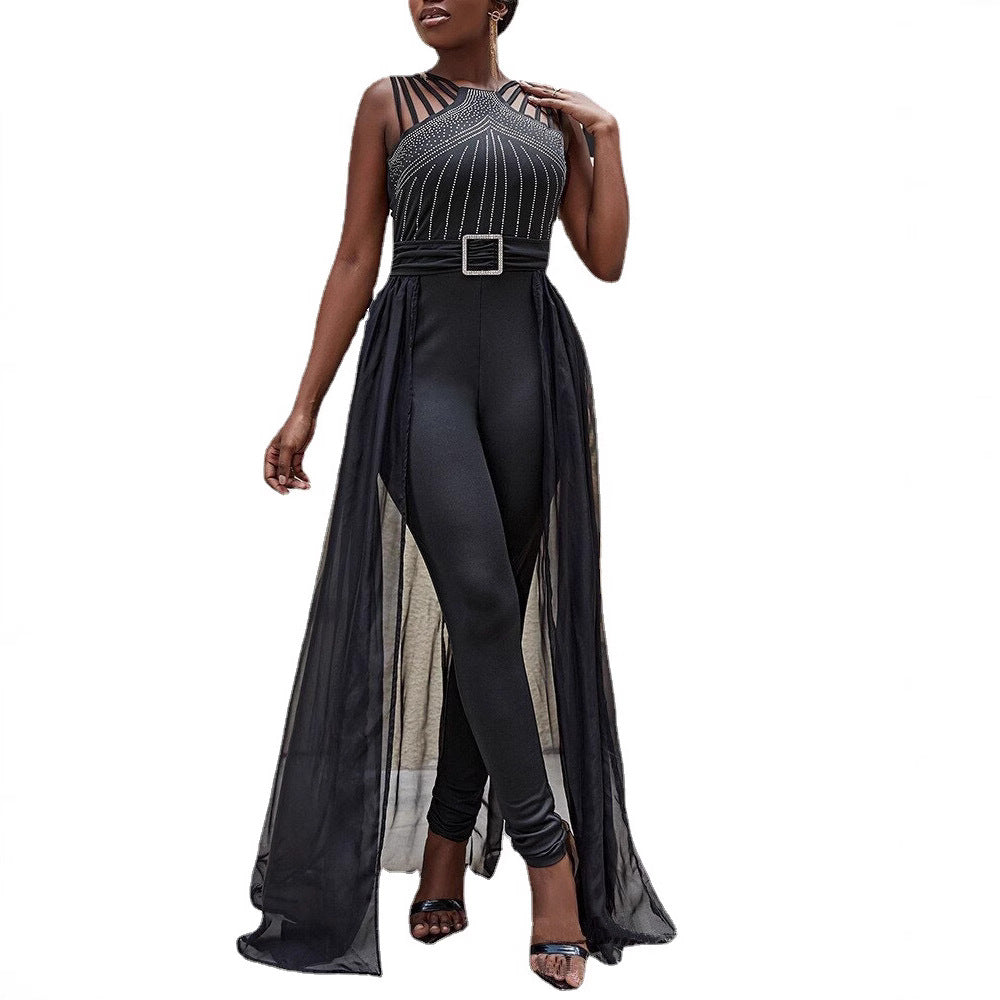 Black Sleeveless Strap Rhinestone Design Cinched Jumpsuits