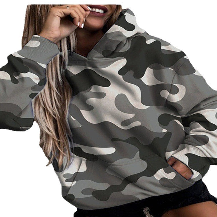 Women's Camouflage Printed Loose Long Sleeves Hooded Women's Sweater, Sweater