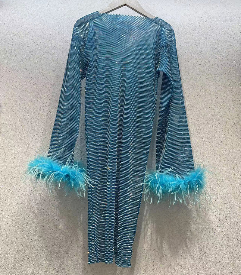 Fashion Luxury Hollow Mesh Ostrich Feather Slimming Bottoming Dresses