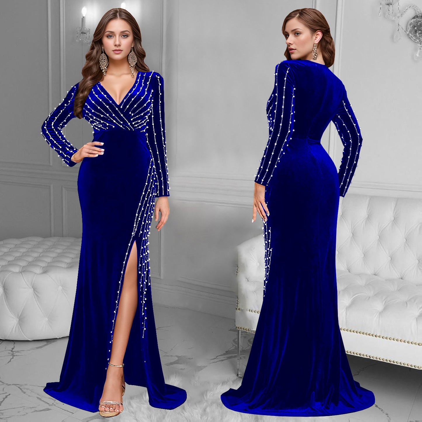 Women's Sexy Deep V Beaded Rhinestone Split Dresses