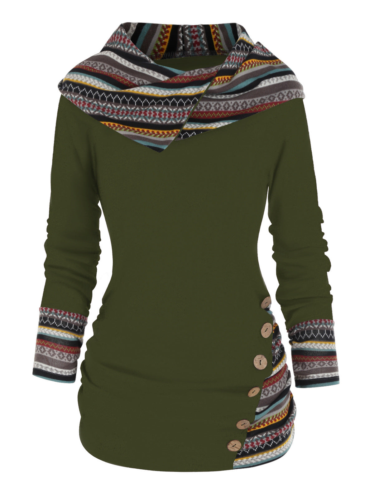Women's Striped Stitching Hooded Knitted Long Sleeve Button Sweaters