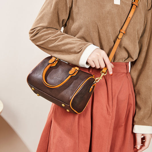 Women's Retro Genuine Leather Boston Commuter Niche Handbags
