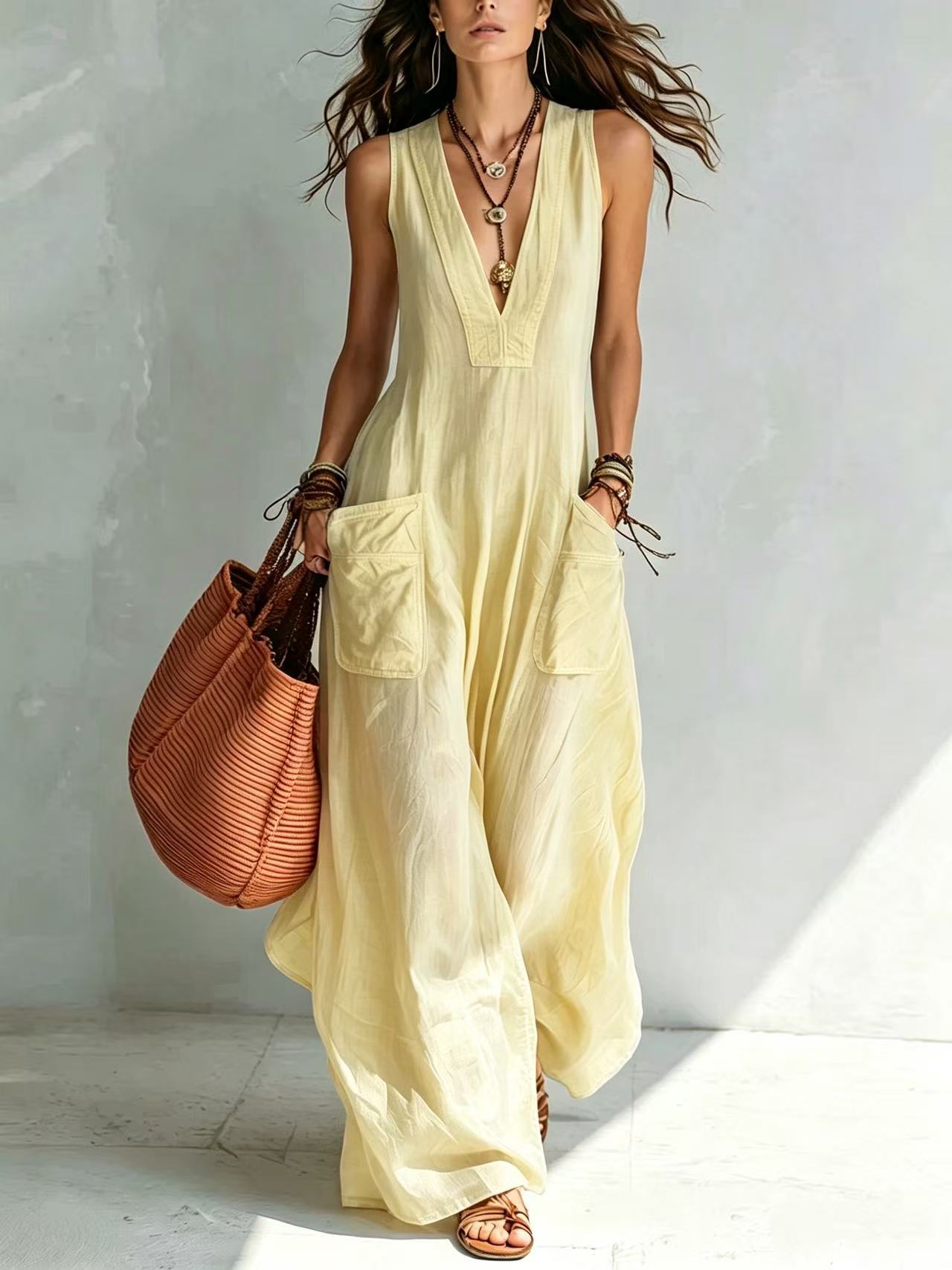 Solid Color Temperament Large Loose Pockets Jumpsuits