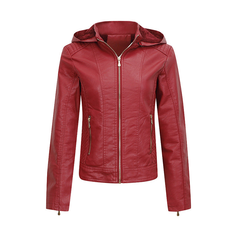 Women's Large Fleece-lined Thickened Leather Hooded Slim Coats