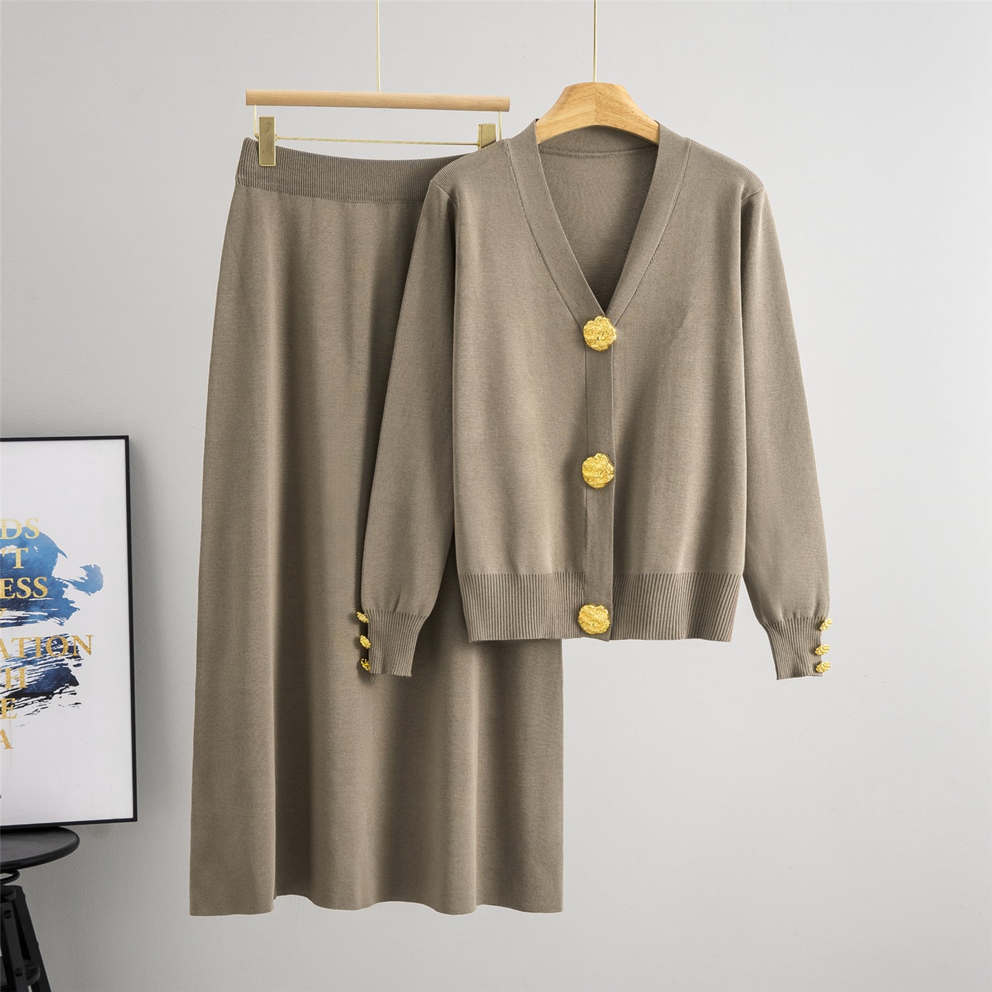 Women's Elegant Large Metal Buckle Knitted Two-piece Fashion Casual Suit