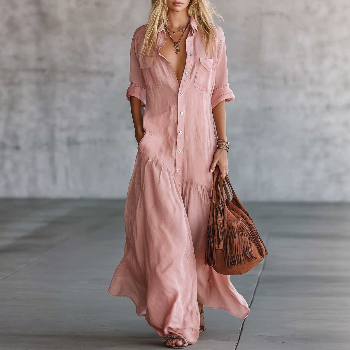 Classy Women's Summer Button Stitching Shirtdress Clothing