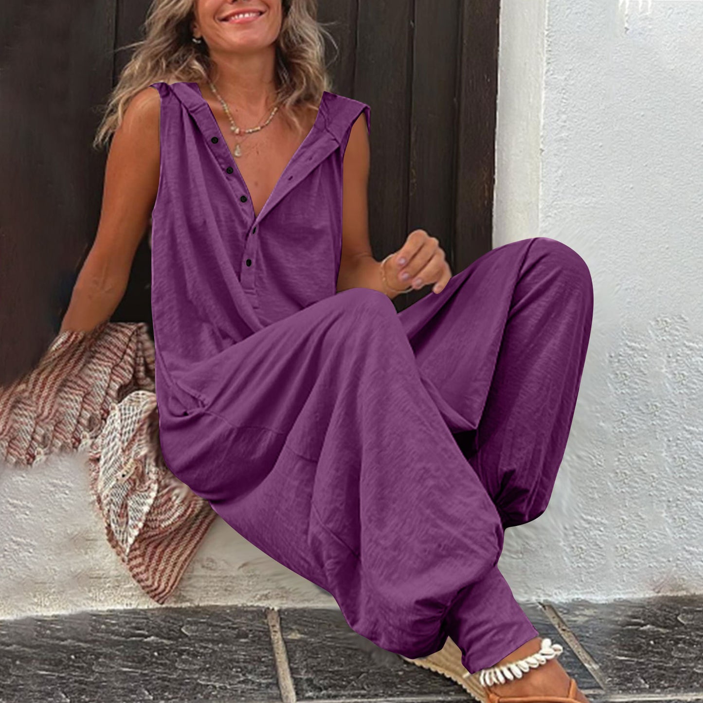 Women's Baggy Solid Color Buttons Hooded Trousers Pants
