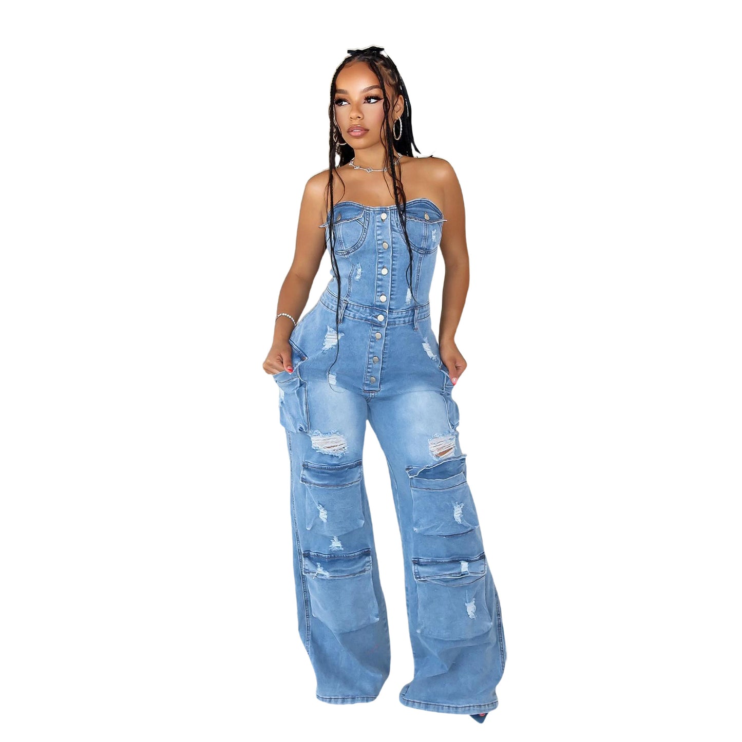 Women's Casual Fashion Tube Slim Fit Denim Jumpsuits
