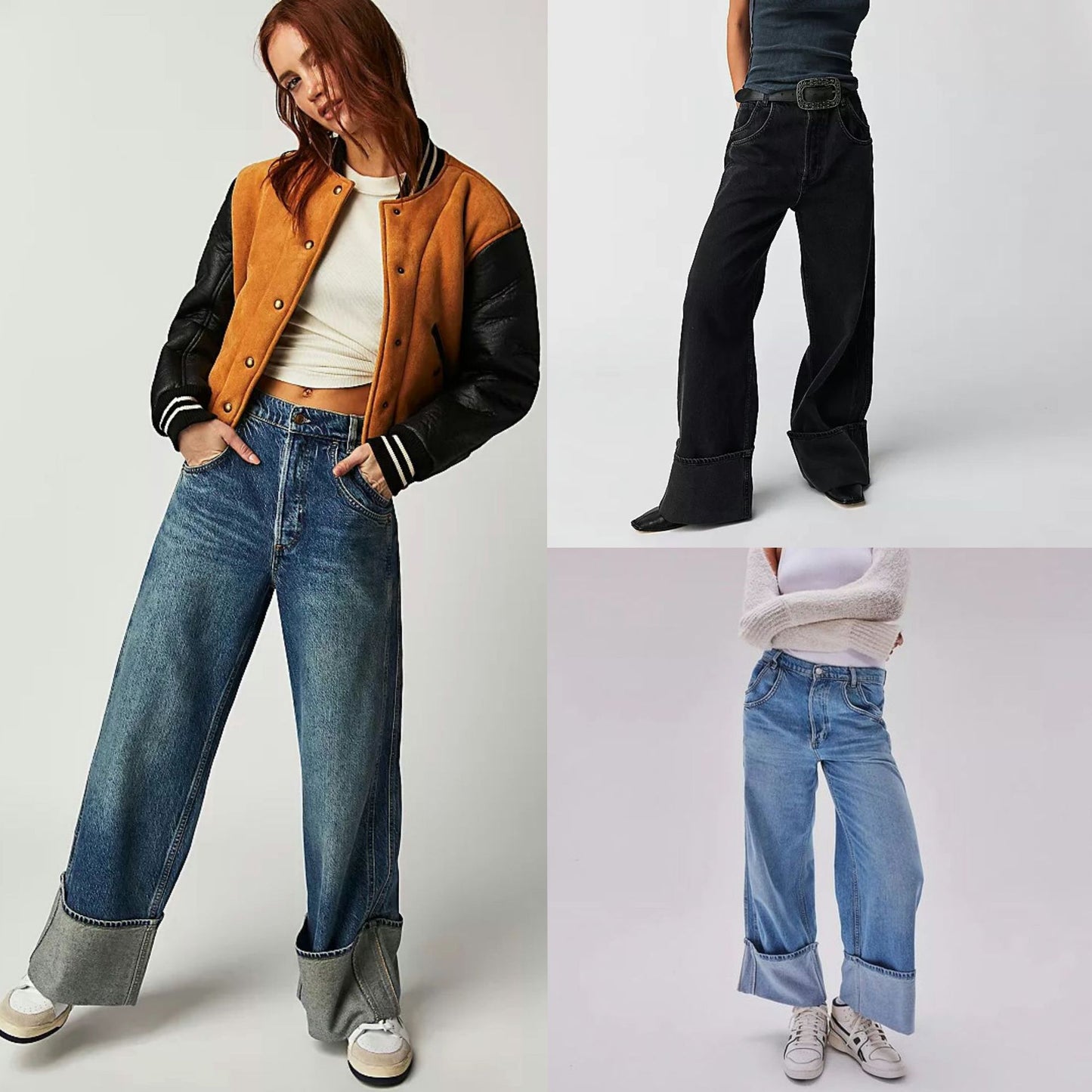 Women's American Style Retro Washed Figure Flattering Curling Loose Women's Jeans