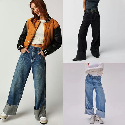 Women's American Style Retro Washed Figure Flattering Curling Loose Women's Jeans