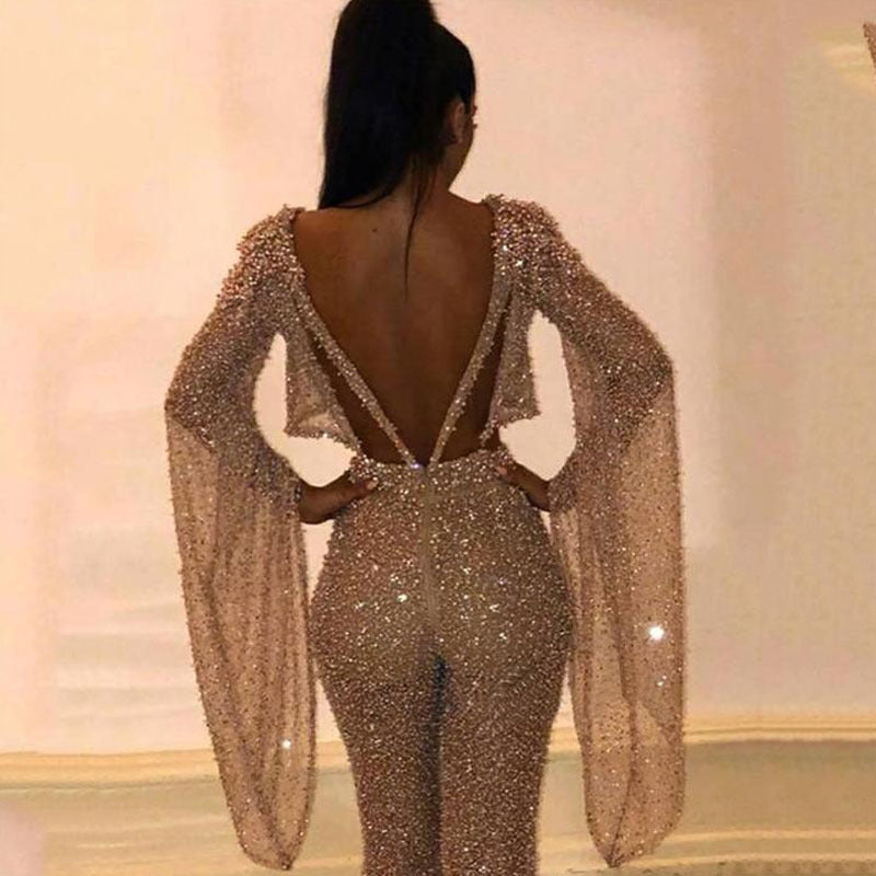 Women's Two-piece Sexy Long-sleeved Backless Trousers Jumpsuits