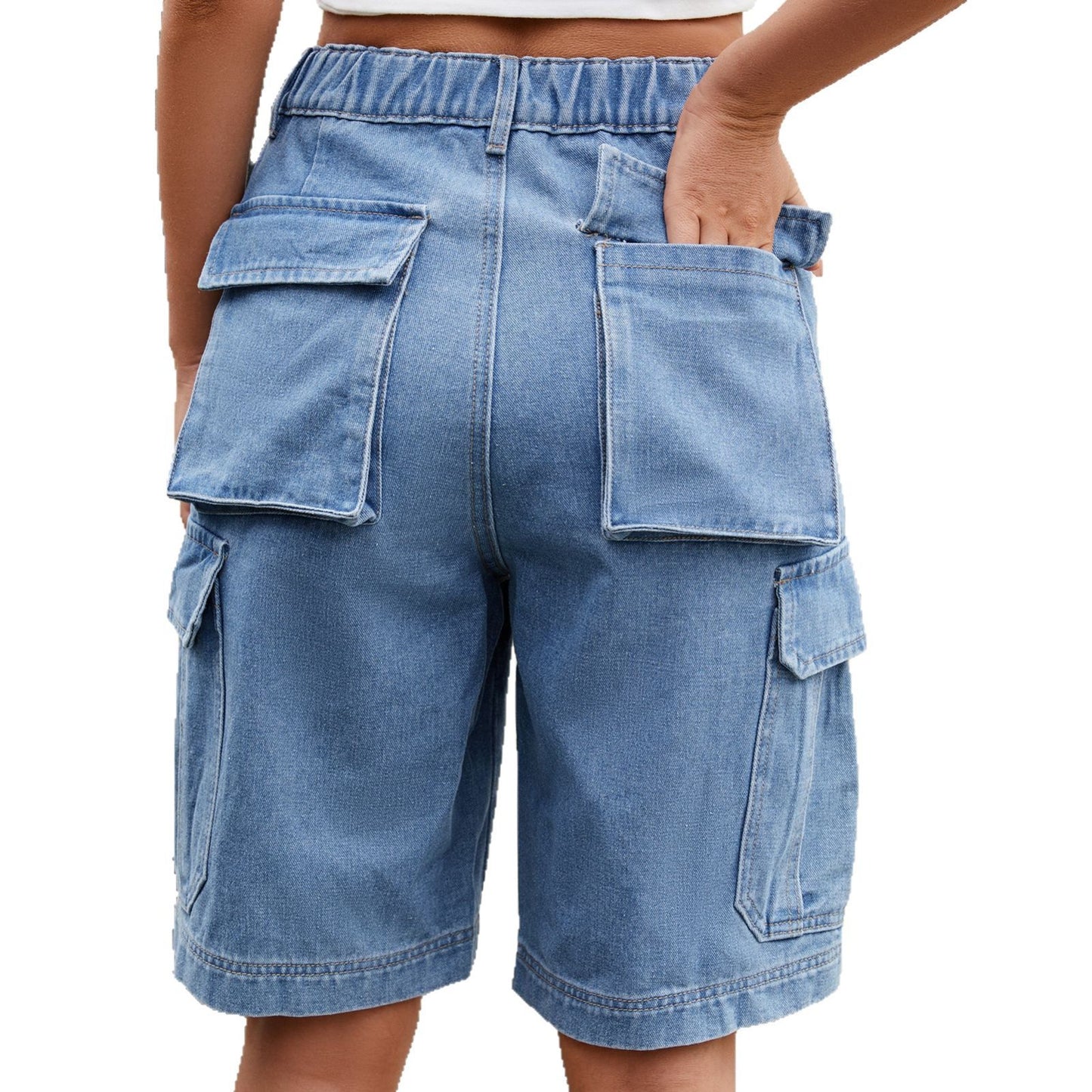 Women's Summer Elastic Waist Denim Cargo Trendy Women's Jeans