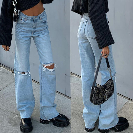Denim Wide Leg Trousers Ripped Skinny Women's Jeans