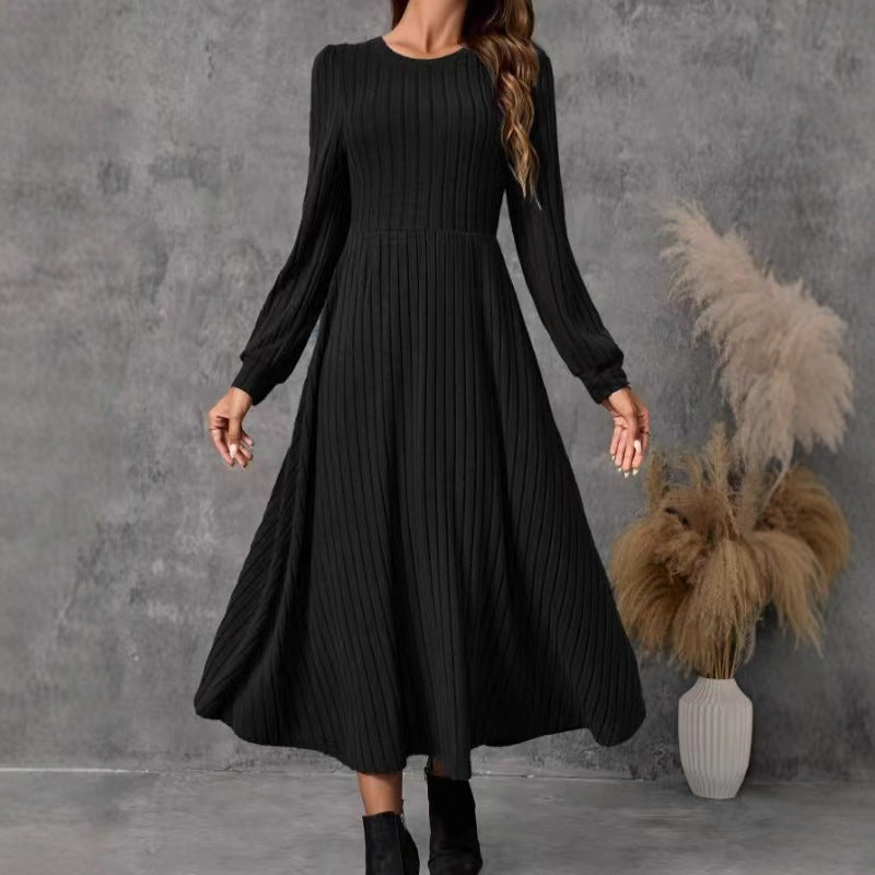 Women's Long Round Neck Solid Color Swing Knitted Dress