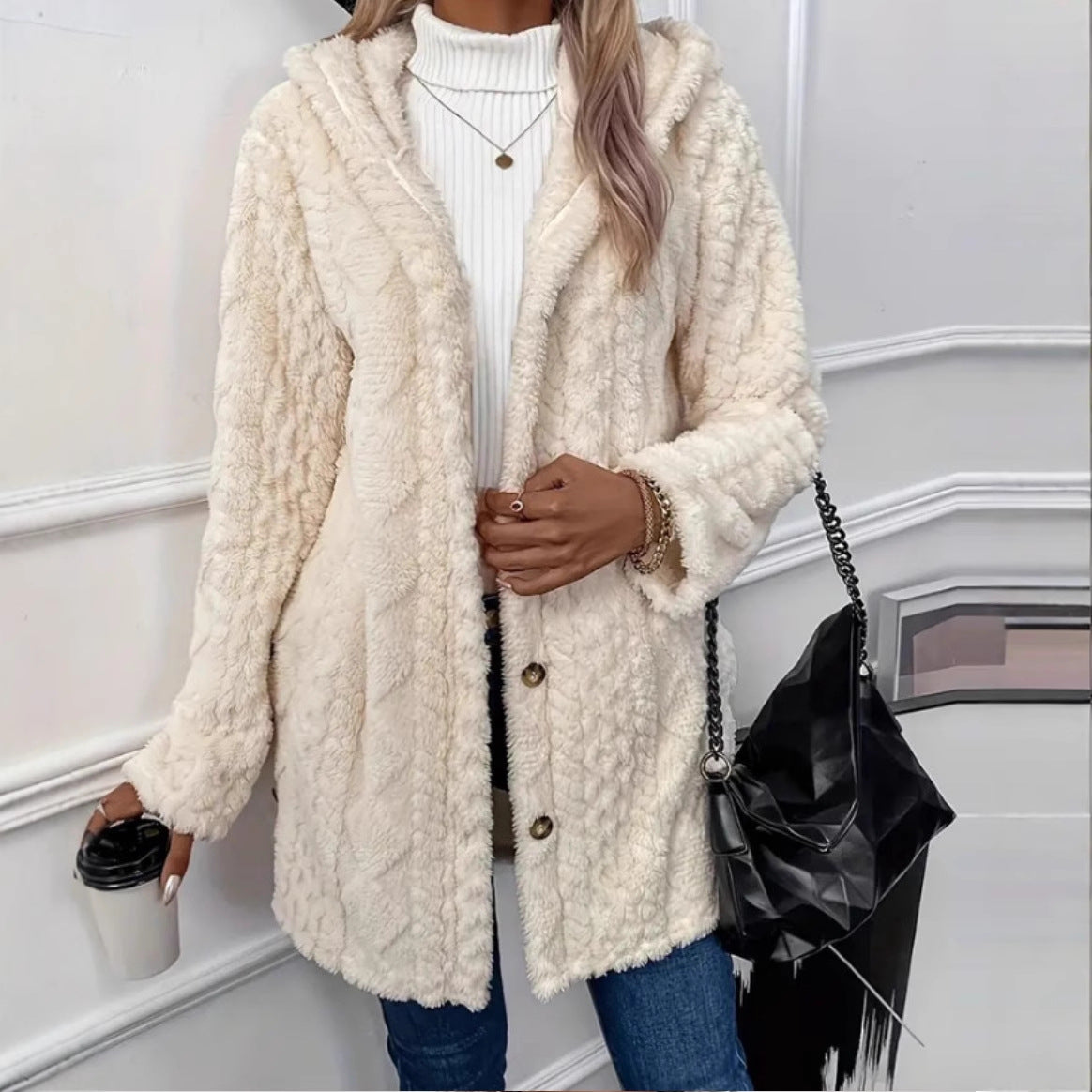 Hooded Solid Color Button Long Sleeve Women's Sweater, Sweater