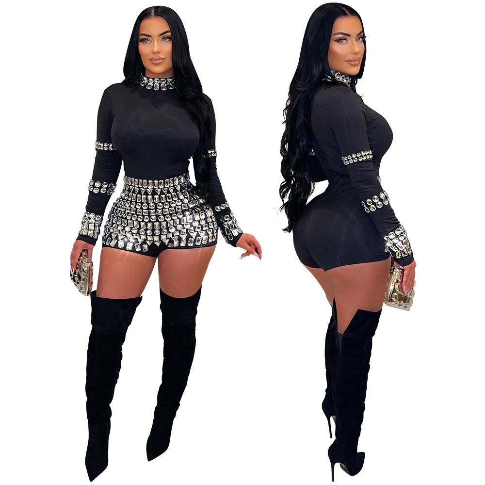 Women's Fashion Rhinestone Slim Fit Bodysuit Party Jumpsuits