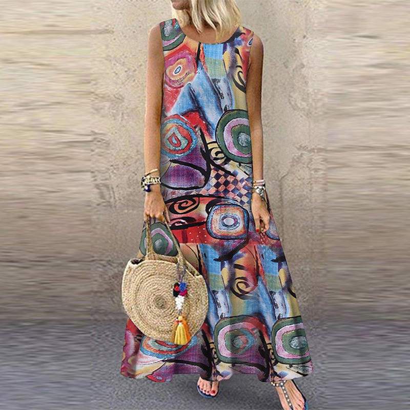 Women's Round Neck Printed Sleeveless Large Long Dress