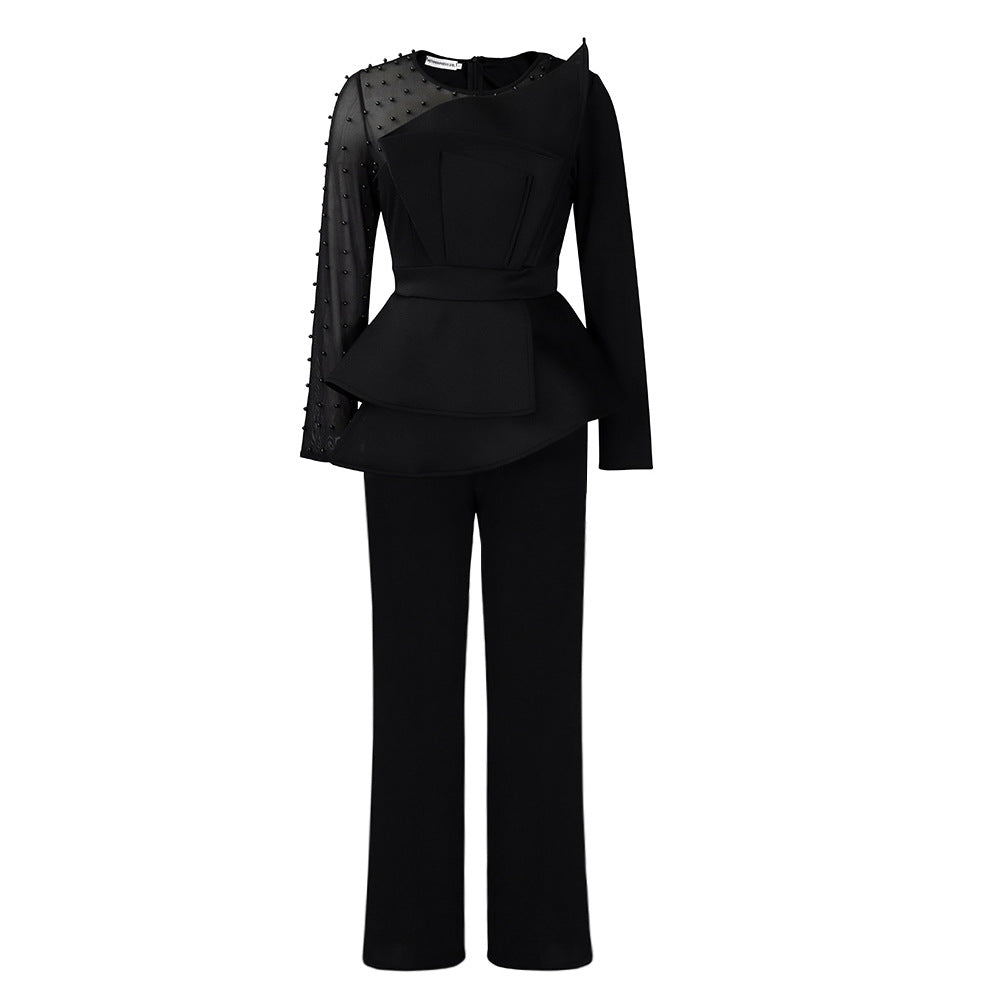 Long Sleeve Temperament Mesh Splicing Beads Slimming Women's Jumpsuit/clothing
