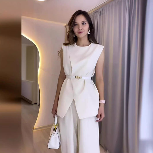 Women's Solid Color Round Neck Sleeveless High Waist Wide Leg Suits