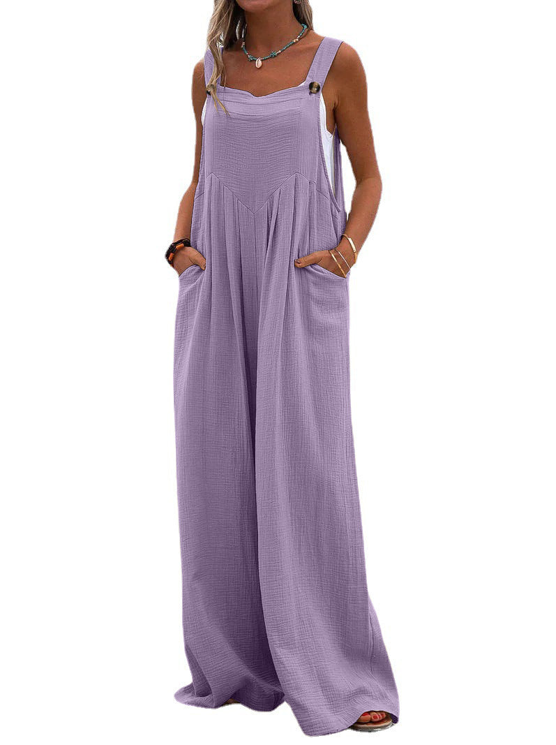 Women's Style Fashion Button Solid Color Wide Jumpsuits