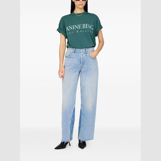 Women's American Niche Classic Letter Print Cotton Round Neck Green Shorts