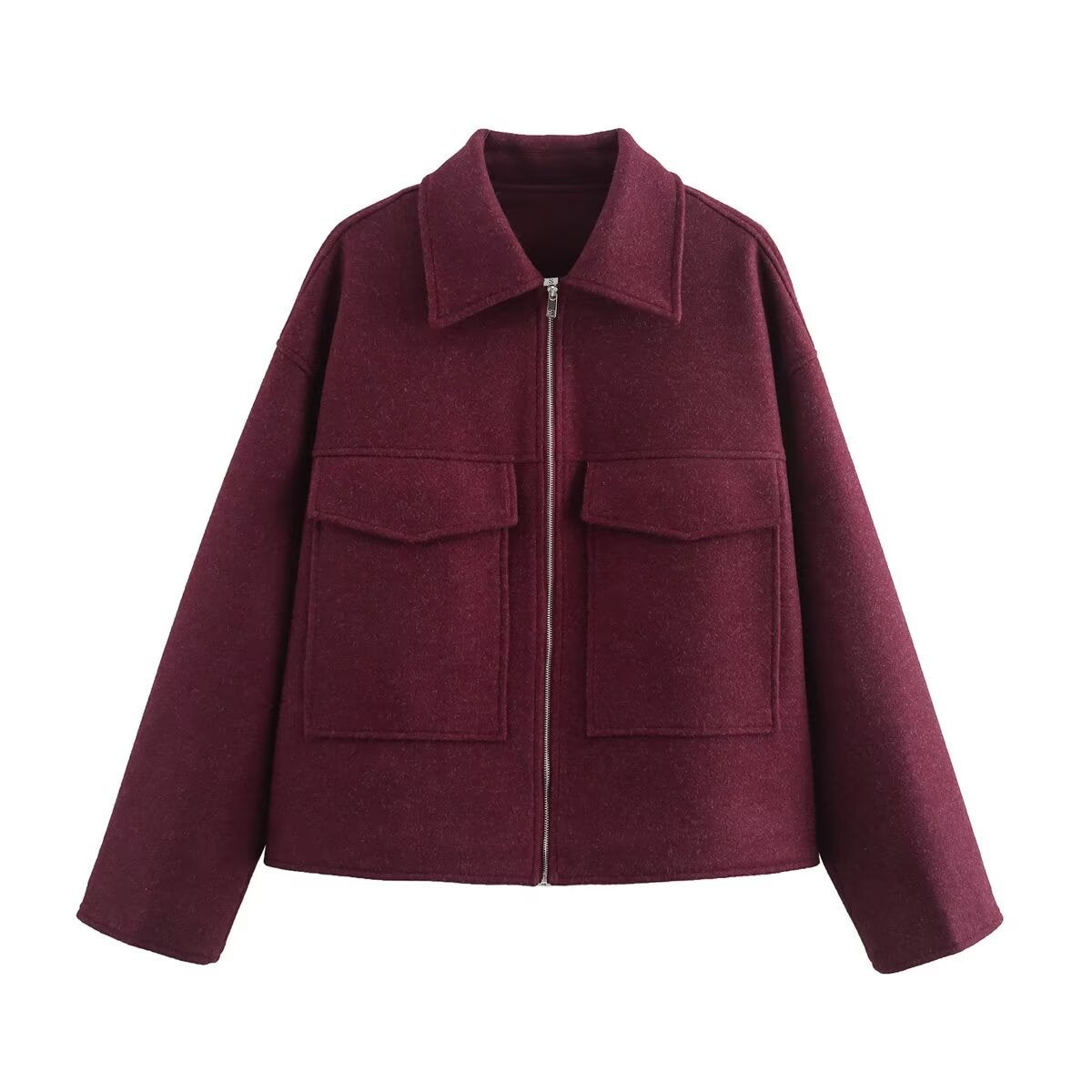 Women's Autumn Fashion Wine Red Large Pocket Coats