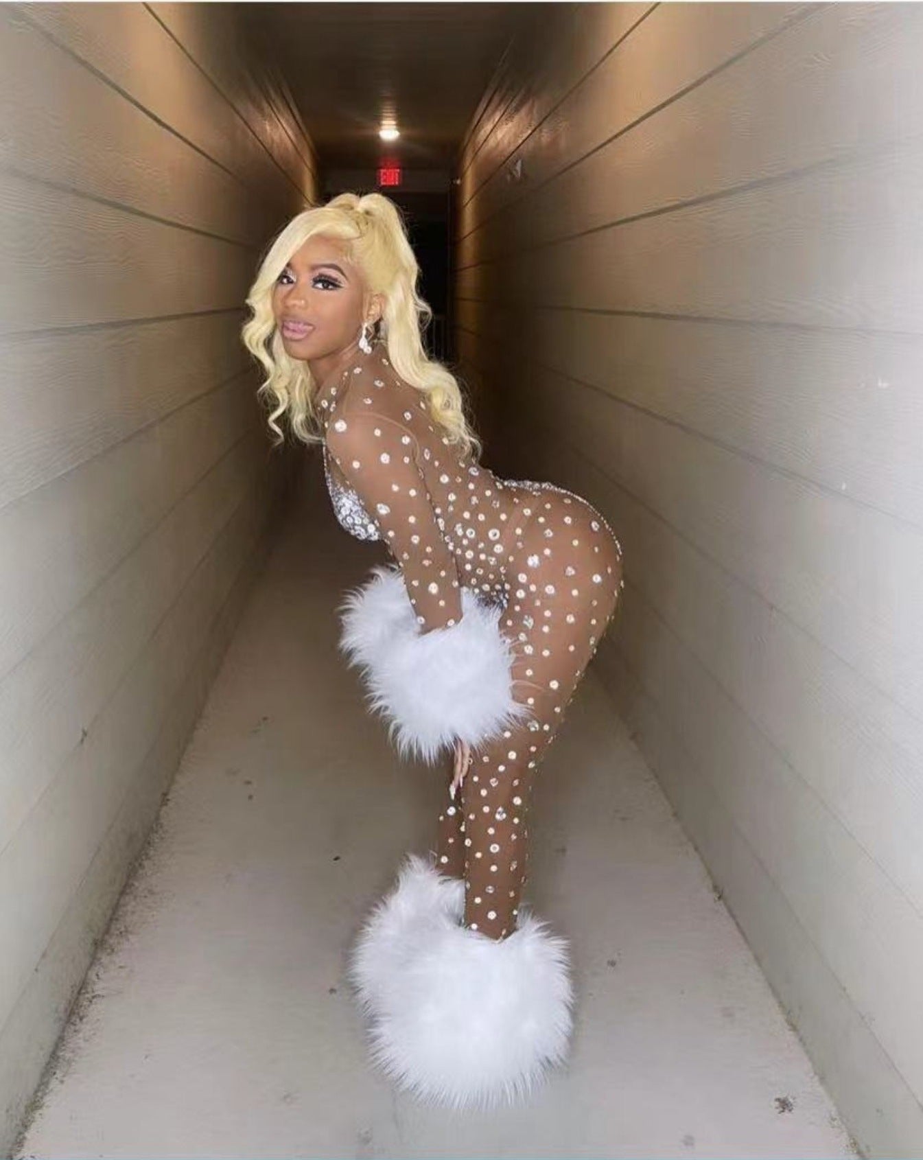 Sexy Rhinestones Transparent Mesh Feather Tight Nightclub Jumpsuits