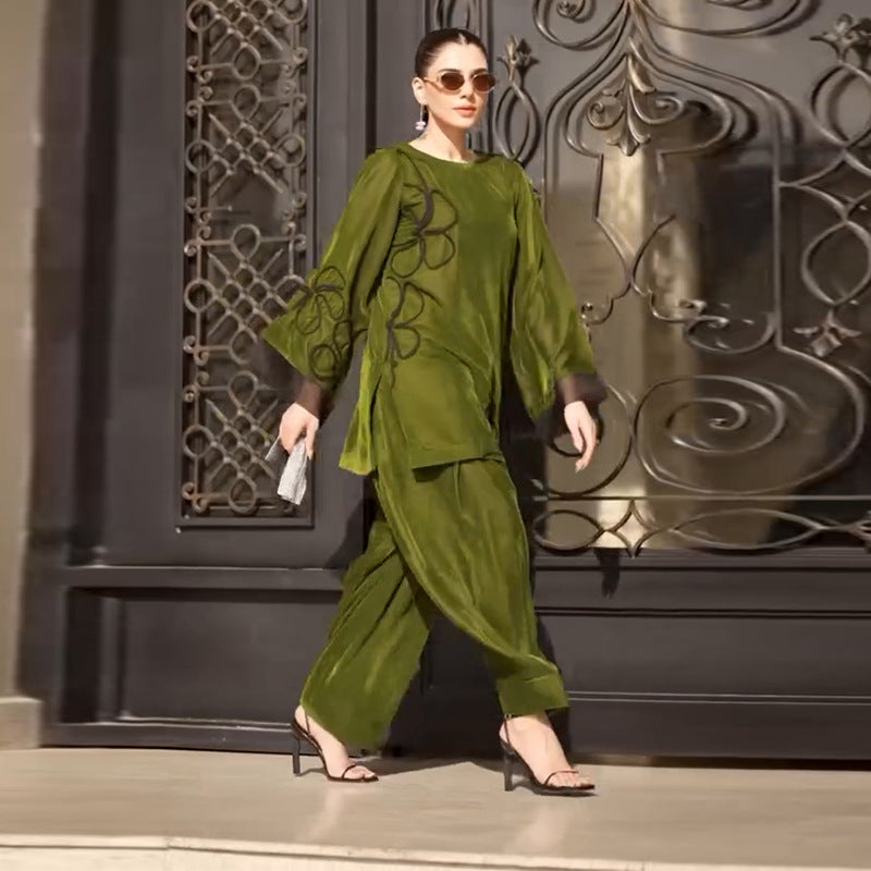 Women's Split Retro Casual Loose Temperament Green Suits