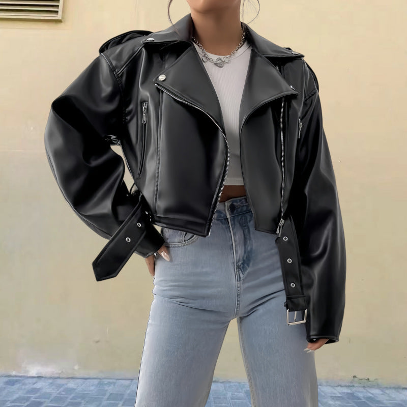 Women's Autumn Retro Lapel Pu Motorcycle Jackets