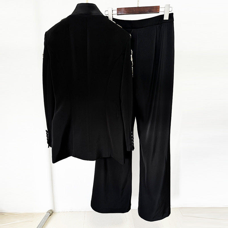 Diamond Beaded Stand Collar Split Trousers Fashion Casual Suit