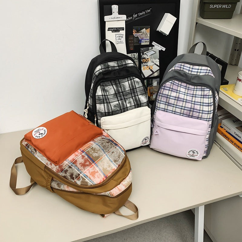 College Female Color Matching Plaid Male Backpacks