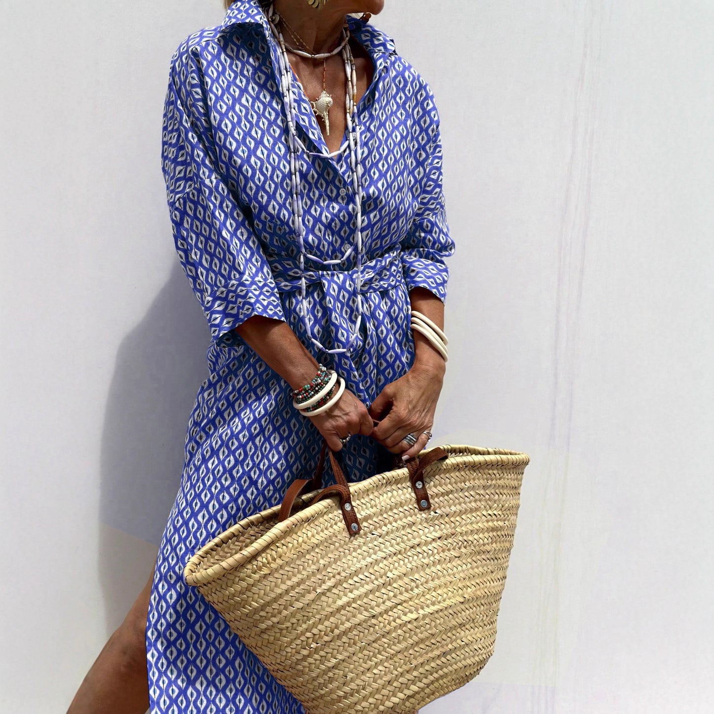 Women's Half Sleeve Striped Lapel Shirt Dress