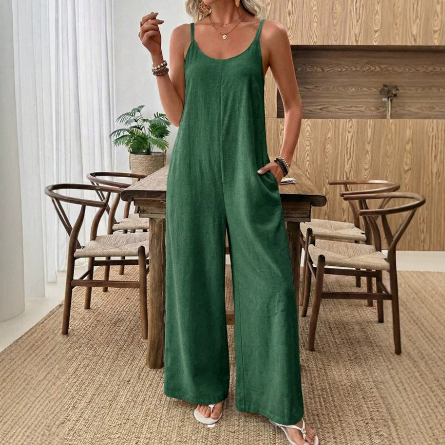 Women's Summer Casual Vacation Style Loose Sling Solid Jumpsuits