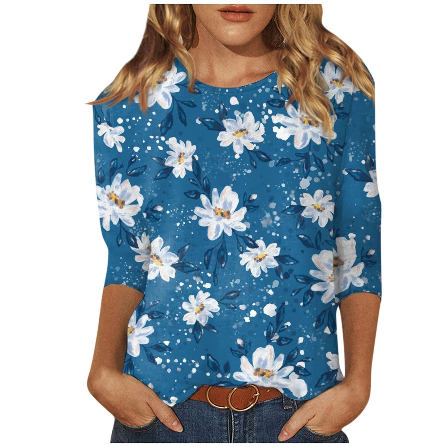 Women's Round Neck Printed Solid Color Three-quarter Women's T-shirt